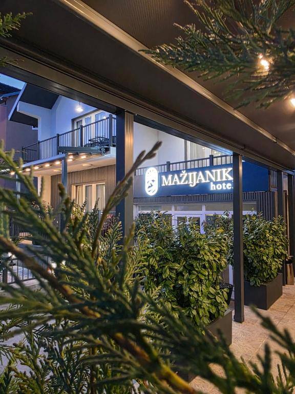 Entrance of Hotel Mažijanik in the evening